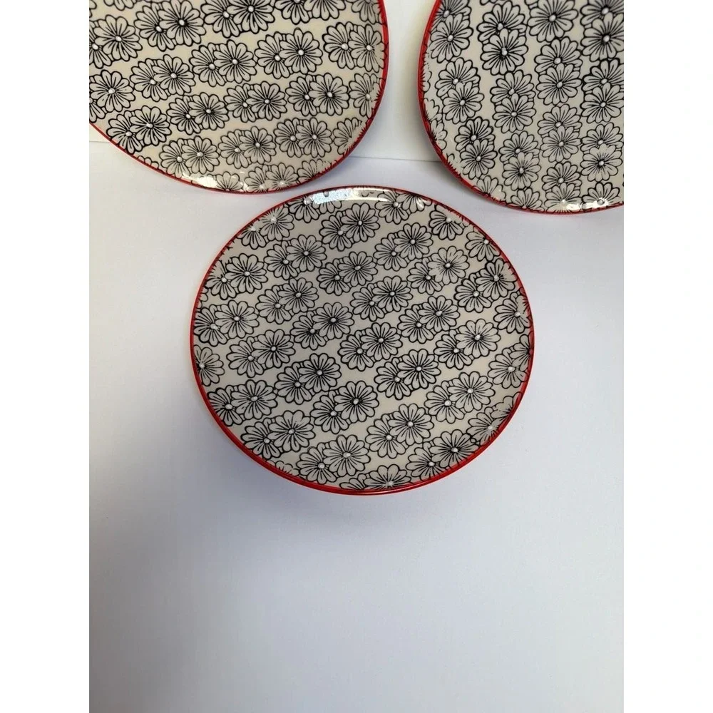 Yokohama Studio Hand Painted Daisy Floral Pattern Plates with Red Rim - Set of 3